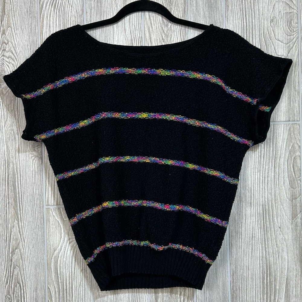 Vintage Short Sleeve Knit Black Sweater with Rainbow Stripes Medium